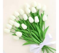 20 PCS Artificial Tulips, Artificial Flowers for Graves, Decoration, Garden and Outdoors, Fake Tulip Faux Flowers That Look Real Artificial Flowers in Vase White Artificial Flower Gift Tulips Cream