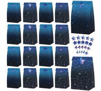 20 Pcs Blue Galaxy Goodie Bags - Outer Space Party Favors Bag with Planet Stickers, Solar System Gift Paper Bags, Galaxy Birthday Candy Treat Bag for Starry Sky Baby Shower Party Decorations