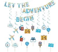 20 PCS Bon Voyage Party Decorations - ‘Let the Adventure Begin’ Banner, Photo Props, Hanging Swirls, Cake Toppers - Travel Theme Supplies for Farewell, Graduation, Wedding, Retirement Party Decor.
