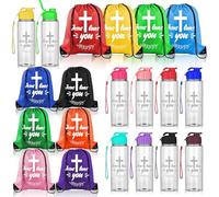 20 Pcs Christian Party Favors Bulk Church Gifts Includes 10 Jesus Loves You Drawstring Backpack 10 Christian Sport Bottles for Church, Bible Verse Party Favors Supplies Religious Bags