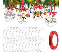 20 Pcs Christmas Bauble Clear Acrylic Disc Ornaments, Round Christmas Ornaments with Ribbon Flat Baubles for Craft,Clear Blank Acrylic Christmas Disc for Tree Party Hanging Decoration