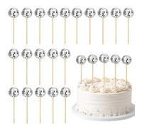 20 PCS Disco Ball Cake Decorations with Bamboo Sticks, Cake Toppers Easy to Operate, 1970s Disco Ball Cake Decorations, for Theme Party Birthday (Silver)