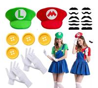 20 pcs Halloween Costume Accessories Red and Green Brothers Set Accessory Kit Includes Red and Green Hats, White Gloves, Mustaches and Yellow Buttons for The Game Themed Group Cosplay Or Party Fun