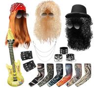 20 Pcs Halloween Rock Star 80s Costumes, Rockstar Fancy Dress Set for Men Women, Include Rocker Wigs Tattoo Sleeves Sunglasses Spike Studded Leather Hat Inflatable, Guitar Punk Party Accessories