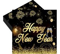 20 Pcs Happy New Year Napkins - Black Gold, 17x17cm, 3-Layer for New Year Eve Party Decorations