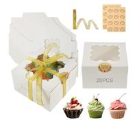20 Pcs Individual Cupcake Boxes with Window, 10.2x10.1x6.5cm White Cookie Box with 24 Stickers and Golden Ribbons, Square Brownie Box, Mini Cake Boxes for Packaging, Cakes, Strawberries, Donuts