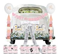 20 Pcs Just Married Car Decorations Include 10 Can Stickers Satin Ribbon and others Decorative accessories for Wedding party Decorations, Photo Props and Car Decorations