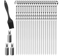 20 Pcs Kebab Skewers Stainless Steel, 30cm Flat Metal BBQ Skewers with 3 Corn on The Cob Holders and Oil Brush, Reusable Kebab Skewer for Grilling, Air Fryer, BBQ & Oven
