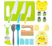 20 Pcs Kids knife set for Chopping Toy Kitchen Accessorieswith Kids Knives Cutting Board Fruit Molds Slicer Sandwich Cutter Peeler Wood Knife Spatulas Brush Sleeves Apron Kids Mini Chef Cooking Set