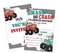 20 Pcs Monster Truck Birthday Party Invitations with Envelopes, Smash and Crash Party Invite, Birthday Party Invitation Cards for Girls Boys, Birthday Party Supplies - SR16