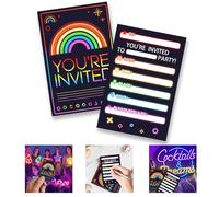 20 PCS Neon Party Invitations Kids | Glow Rainbow Birthday Invitations for Girls & Boys | Colourful Invitation Cards Disco Festival Party Invites Ready to Write