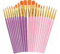 20 PCS Nylon Hair Paint Brushes Set - Flat Art Brushes for Watercolor Oil Acrylics, Face Nail Art, Kids Painting, Decorations Models Figurines - Pink + Purple