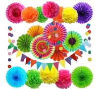 20 Pcs Party Decoration Set,Multi-color Paper Fans,Pom Pom Flowers,Paper Bunting Flags and Polka Dot String,Hanging,for Birthday Party Wedding Fiesta or Baby Shower