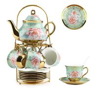 20 Pcs Porcelain Tea Cup Set with Teapot,Tea Cups and Saucers Set of 6, 750ML Teapot,180ML Teacup with Vintage Flower Painting for Women Tea Party Wedding,Tea Gift Sets for Home&Party