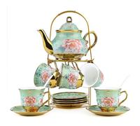 20 Pcs Porcelain Tea Set with Metal Holder,Adult Ceramic Tea Party Set Service for 6,Tea Cup Set,Flower Tea Set,Vintage Tea Set,Tea Gift Sets for Home&Party