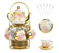20 Pcs Porcelain Tea Set with Metal Holder and Spoon, European Ceramic Tea Set for Adults, European Flower Painting Teapot Cup Saucer Spoon Set for 6, Gift Pack (Pink and Gold)