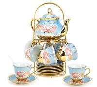 20 Pcs Porcelain Tea Set with Metal Holder, Ceramic Tea Cup Set Service for 6, Flower Tea Set for Women Adults, 700ML Teapot,160ML Teacup, Tea Gift Sets for Home Party Wedding (Blue)