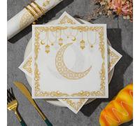 20 Pcs Ramadan Eid Disposable Napkins, White and Gold Moons Stars Lunch Dinner Tableware Disposable Dessert Napkin Set for Holiday Party Supplies Decoration