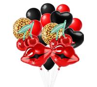 20 Pcs Red and Black Party Decorations Kit Cheetah Leopard Print, Cherry, Red Lips & Black Bow Foil Balloons for Bachelorette, Kiss The Miss Goodbye, Birthday, Baby Shower & Retro Theme Parties