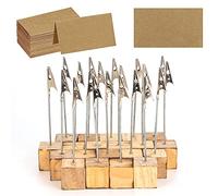 20 Pcs Rustic Wood Place Card Holders with Memo Clips and 30 Pcs Kraft Place Cards, Wooden Table Number Holder Stand Photo Picture Note Clip Holders for Wedding Party Name Sign - Cube Base