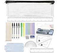 20 PCS School Stationery Set with 4 Pencils, 4 Pens, 2 Highlighters, Eraser, Sharpener, Geometry Kit with Compass, Pencil Case & Post Notes, Back to School & Exam Essentials Set, for GCSE, A-Level