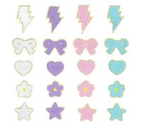 20 Pcs Self Adhesive Heart Flower Patches Cute Bow Chenille Patches Star Sew on Embroidery Appliques Fabric Stick on Appliques Decorative Repair Sticker Patch with Glitter Golden Borders
