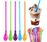20 Pcs Slushie Straws, 2 in 1 Colored Straws with Cleaning Brush, Reusableplastic Straw Spoon, Milkshake Straw for Smoothies, Juice, Cocktail, LCE Cream, Hot Drink (5 Colors)