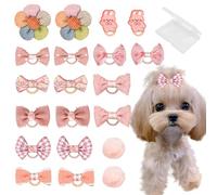 20 Pcs Small Dog Hair Bows with Rubber Bands Handmade Puppy Hair Bows Cute Grooming Flower Ball Bowknot Top Knot Dog Hair Accessories Hair Ties for Yorkie Maltese Pet (Pink)
