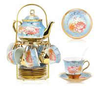 20 Pcs Tea Sets Ceramic Tea Cup Set, European Ceramic Teapot Set for Afternoon Tea, with Metal Holder and 6 Tea Cups, 700 ml Porcelain Tea Pot Set, 160 ml Tea Cup for Party, Women,Coffee,Flower Tea
