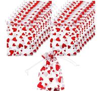 20 Pcs Valentines Organza Bags, Heart Print Satin Bags with Drawstring, Jewelry Gift Candy Pouches for Valentine's Day Wedding Birthday Party Favors