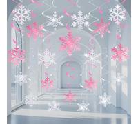 20 Pcs Winter Snowflake Hanging Swirls Decorations - Pink Silver Winter Hanging Ceiling Streamers Glitter Snowflakes Garland for Christmas Winter Wonderland Frozen Party Supplies