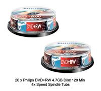 25 Philips DVD+RW 4.7GB Disc 120Min 4x Speed Spindle Tub Rewritable Blank Discs