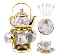 20 Piece Ceramic Tea Sets, 3 oz Tea Cup and Saucer Set, Porcelain Tea Sets with 15 oz Teapot, Afternoon Tea Set, Coffee Set with Metal Cup Holder, Colorful Tea Cups Sets of 6, Teapot and Cup Set