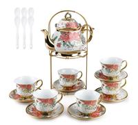 20 Piece Ceramic Tea Sets, 7.5 oz Tea Cup and Saucer Set, Porcelain Tea Sets with 37 oz Teapot, Afternoon Tea Set, Coffee Set with Metal Cup Holder, Colorful Tea Cups Sets of 6, Teapot and Cup Set