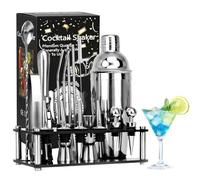 20 Piece Cocktail Making Set, Stainless Steel Drink Shaker Bar Set, 750ml Stainless Steel Cocktail Shaker with Double Jigger, Display Stand, Bartender Cocktail Set for Home, Bar, Party and Gift