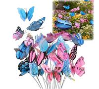 20 Piece Double Layer 3D Garden Butterfly Stakes, Blue and Pink Butterfly Decorations for Outdoor Gardens, 25 cm Length 8 cm Width Floral Arrangements,Butterfly Garden Ornament,waterproof material