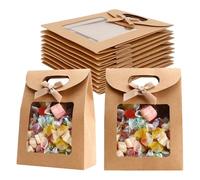 20-Piece Kraft Paper Gift Bags with Clear Window Handles Bowknot - Brown 12x6x16cm | Small Wedding/Birthday/Business Gift Bags for Favors, Easter, Holidays & Homemade Bread Packaging