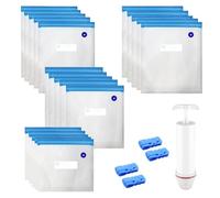 20-Piece Reusable Vacuum Sealer Bags with Hand Pump & 4 Sealing Clips, BPA-Free Sous Vide & Food Storage Bag Set in 4 Sizes, Leakproof for Meal Prep, Freezer & Kitchen Organisation