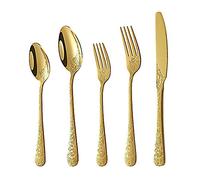 20-Piece Set of Rose Printing Cutlery Set Kitchen Silverware Tableware Main Stainless Steel Knife and Fork Spoon Commercial Steak Coffee Western Tableware (Golden)