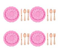 20 Pieces Dollhouse Miniatures Kitchen Set Metal Mini Tableware Include Tiny Plates Knife Fork Spoon for Dollhouse Party Decoration Supplies, Pink