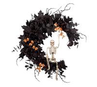 20” Pre-lit Halloween Black Moon Wreath with Skeleton, Black Rose, Black Eucalyptus Leaf - Halloween Home Decor for Front Door, Porch, Wall - 20 Inch, Purple LED Lights with Timer