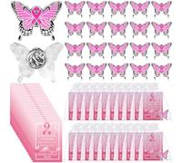 20 Set Breast Cancer Awareness Pin Set Bulk Pink Ribbon Badge Butterfly Hope Enamel Lapel Pins and Support Cards Organza Bags for Women Charity Events Public Fundraiser