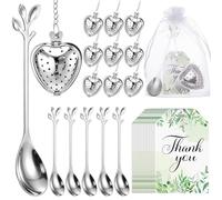 20 Sets Bridal Shower Tea Party Favours for Guests Heart Shape Tea Infuser Ball Silver Leaf Spoon Bulk with Thank You Cards Organza Bag for Wedding Souvenir Afternoon Hen Party Gifts