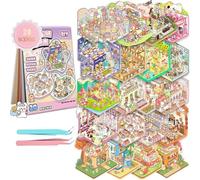 20 Sets DIY 3D House Stickers Kit, 3D Miniature Scene Therapy for Kids and Adults, Stress Relief Sticker Scenes with 2 Tweezers, DIY Sticker Therapy Kit for Age 3+