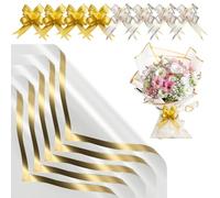 20 Sheet Gold Edge Flower Wrapping Paper with Ribbon Double Sided Flower Wrapping Papers Waterproof Flowers Bouquet Wrap Paper Flowers Gift Wrap for Floral (22.8") (White-Gold Edge)