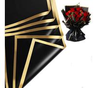 20 Sheets Black Flower Wrapping Paper, Bouquet Wrap with Gold Border Design Korean Paper Style Bouquet Wrapping Paper Waterproof Floral Gift Wrap Paper