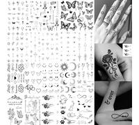 20 Sheets Black Tiny Infinity Rose Flowers Butterfly Temporary Tattoos For Women Adults Temp Tatoo Sticker, Realistic Small Arrow Crescent Moon Sun Star Fake Tattoos For Finger Hands Waterproof Decals