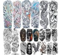 20 Sheets Dragon Full Arm Temporary Tattoos For Men Women Thigh, Carp Myth Phoenix Fake Sleeve Tattoos For Adults, Flower Halloween Long Lasting Temp Bulk Tattoo Stickers Florals Lotus Warrior