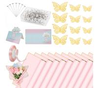 20 Sheets Flower Wrapping Paper Bouquet Wrapping Paper Waterproof with 10 Pcs Greeting cards, 12PCS 3D Gold Butterfly Decor, 50 pearl pins and 24 Yards Satin Ribbon for Wedding DIY Craft Party Pink