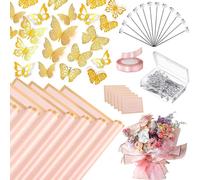 20 Sheets Flower Wrapping Paper,Pink Floral Wrapping Paper Bouquet Kit with 100 Pcs Diamond Bouquet Pins 48Pcs 3D Gold Butterflies 1Roll Ribbon 10 Cards for Graduation Birthday Wedding DIY Craft